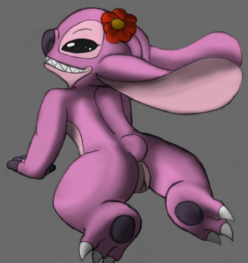 2015 3_toes alien angel_(lilo_and_stitch) antennae_(anatomy) big_ears black_eyes claws darklord92 digital_drawing_(artwork) digital_media_(artwork) disney ears_back experiment_(lilo_and_stitch) female flower grey_background grin half-closed_eyes hi_res lilo_and_stitch looking_away narrowed_eyes pawpads pink_body pivoted_ears plant purple_nose purple_pawpads pussy rear_view simple_background small_tail smile solo toe_claws toes white_claws