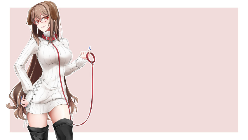 animal_ears brown_hair collar doggirl glasses long_hair original photoshop red-eyes_macadamiachoco red_eyes