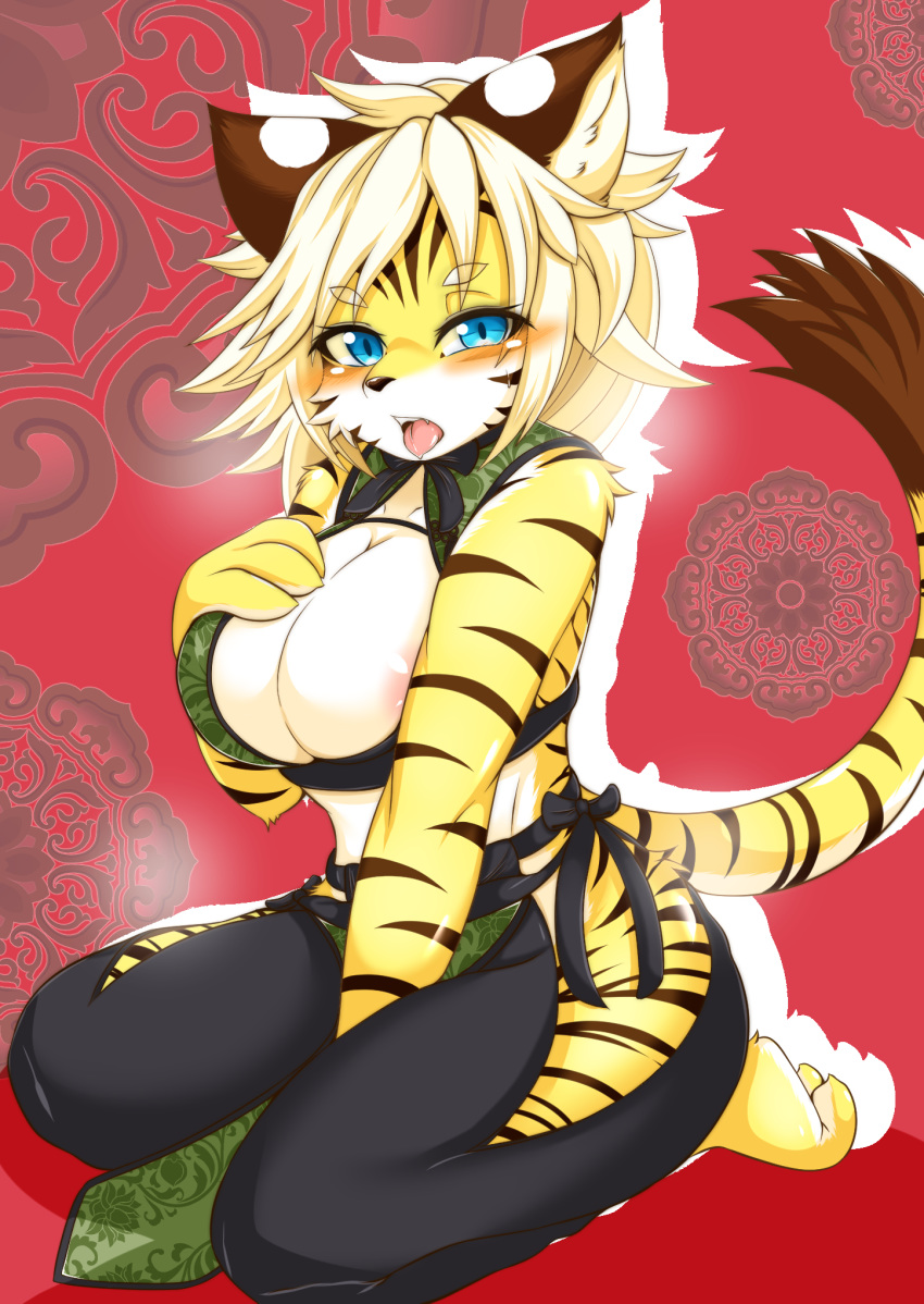 2018 anthro areola areola_slip asian_clothing biped blonde_hair blue_eyes blush breasts brown_stripes cheek_tuft chinese_clothing cleavage cleavage_cutout clothed clothing dipstick_tail east_asian_clothing facial_tuft felid female fur hair hi_res inner_ear_fluff kemono kneeling looking_at_viewer mammal megane_inu multicolored_tail open_mouth pantherine ribbons solo striped_body striped_fur stripes tail_tuft tiger tongue tongue_out tuft zhang_fei_(fullbokko_heroes)