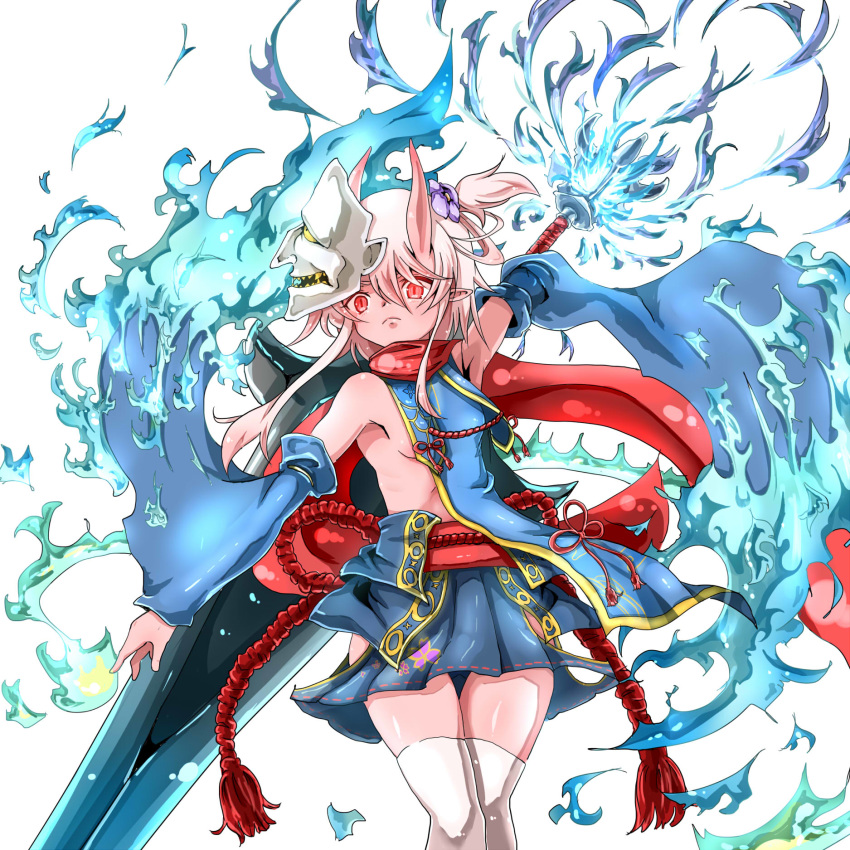 1girl blue_skirt breasts cape chaba_(cyazuke) detached_sleeves error flower frown hair_between_eyes hair_flower hair_ornament highres long_hair looking_at_viewer mask mask_on_head oni_horns onibahime_(sennen_sensou_aigis) pink_skin pointy_ears red_cape red_eyes rope sennen_sensou_aigis sidelocks skirt small_breasts solo standing thighhighs white_background white_legwear wide_sleeves