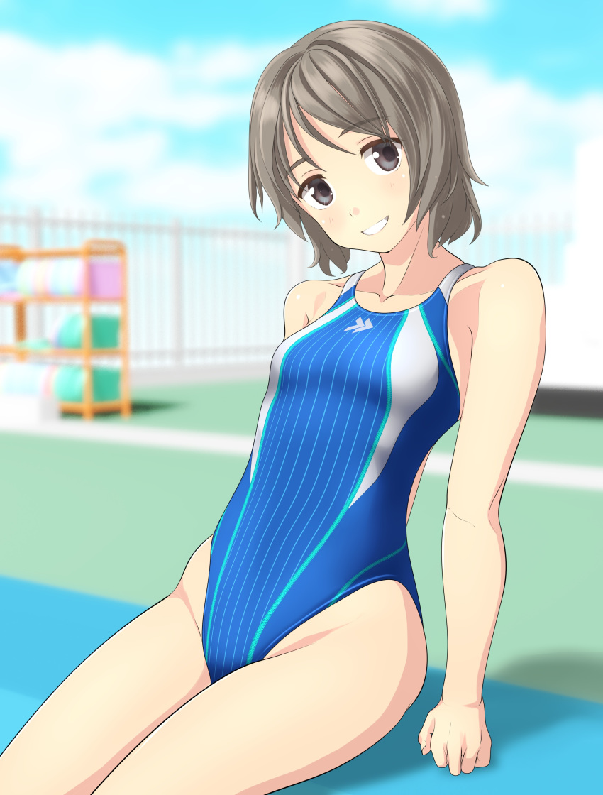 1girl absurdres black_eyes blue_sky blue_swimsuit blurry breasts cloud collarbone commentary_request competition_swimsuit depth_of_field fence grey_hair highleg highleg_swimsuit highres looking_at_viewer one-piece_swimsuit original outdoors parted_lips rack short_hair sitting sky small_breasts smile solo swimsuit takafumi wavy_hair