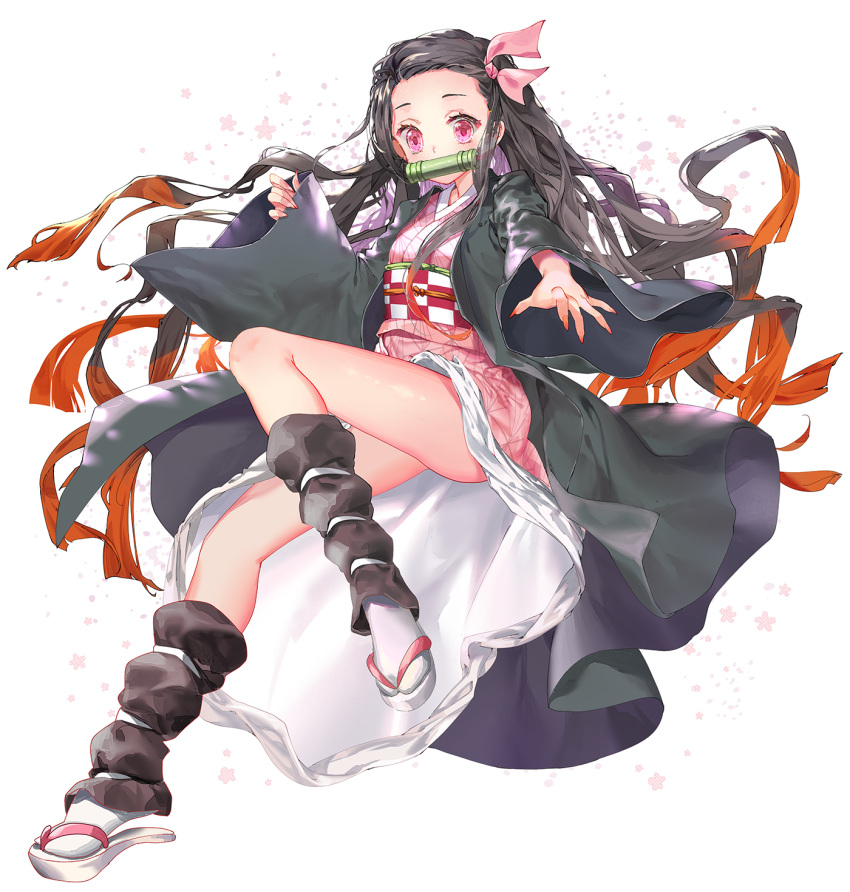 1girl bamboo bangs bit_gag black_hair brown_hair checkered commentary_request fingernails floral_background forehead full_body gag hair_ribbon highres japanese_clothes kamado_nezuko kimetsu_no_yaiba kimono long_fingernails long_hair long_sleeves looking_at_viewer mintchoco_(orange_shabette) mouth_hold multicolored_hair obi open_clothes parted_bangs pink_eyes pink_kimono pink_ribbon red_nails ribbon sash sharp_fingernails sleeves_past_wrists solo two-tone_hair very_long_hair white_background white_footwear white_legwear wide_sleeves zouri