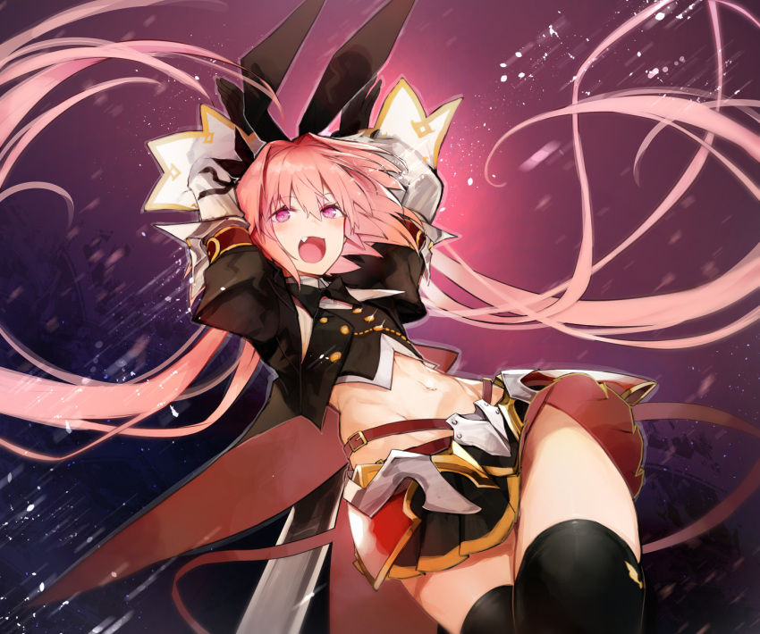 1boy arms_up astolfo_(fate) astolfo_(saber)_(fate) bangs black_bow black_gloves black_ribbon bow bowtie fate/grand_order fate_(series) gloves hair_bow hair_intakes hair_ribbon highres long_hair long_sleeves midriff miniskirt multicolored_hair navel nishiide_kengorou open_mouth otoko_no_ko pink_hair purple_eyes ribbon skirt solo streaked_hair twintails white_hair