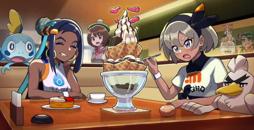 beppu_mitsunaka blue_hair brown_hair coffee_cup cup dark_skin dessert disposable_cup drooling earrings food green_hair grey_hair hairband hat hoop_earrings jewelry ladle mao_(pokemon) onion pokemon pokemon_(game) pokemon_swsh rurina_(pokemon) saitou_(pokemon) sirfetch'd smile sobble spoon table yuuri_(pokemon)