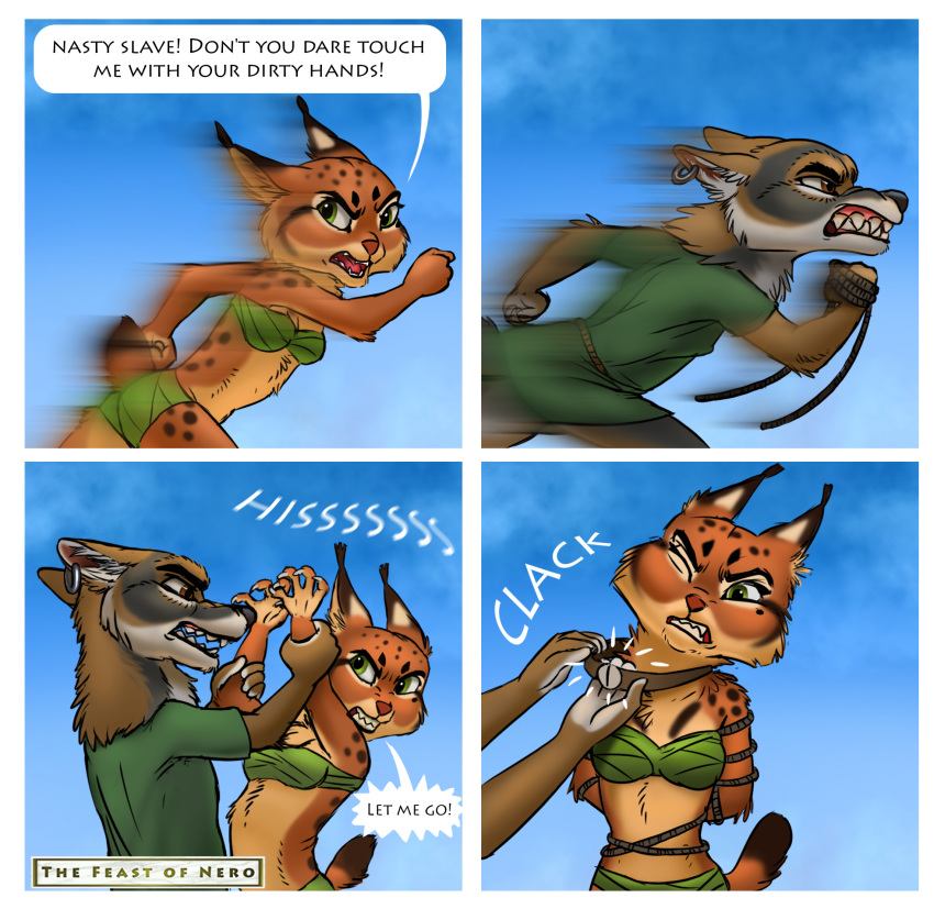 angry barefoot bound breasts canid chase clothing collar comic conditional_dnp delkon dialogues ear_piercing ear_ring felid feline green_eyes hi_res lynx mammal outside piercing rope running servius_(delkon) short_tail valeria_(delkon)