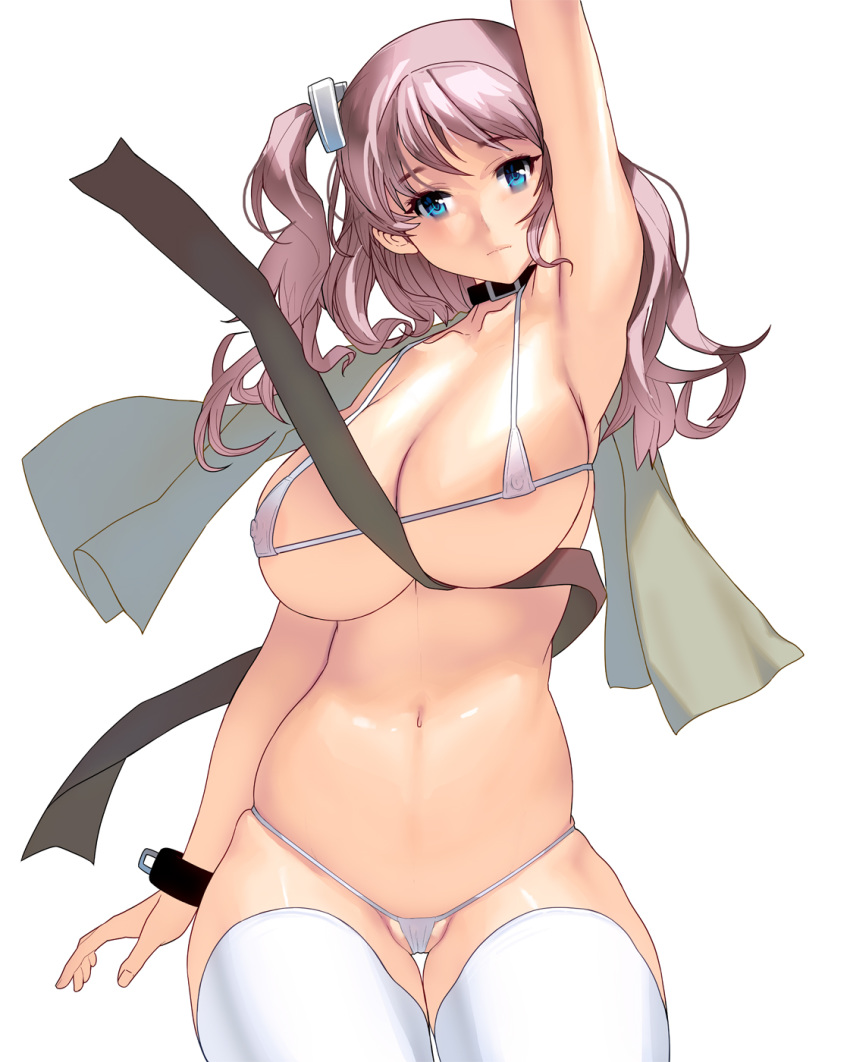 1girl aqua_eyes arm_up armpits bikini black_collar breasts cleavage closed_mouth collar commentary_request cowboy_shot cuffs curvy eyebrows_visible_through_hair highres long_hair masao micro_bikini navel original pink_hair ponytail_holder ribbon side_ponytail skindentation swimsuit towel towel_around_neck white_background white_bikini