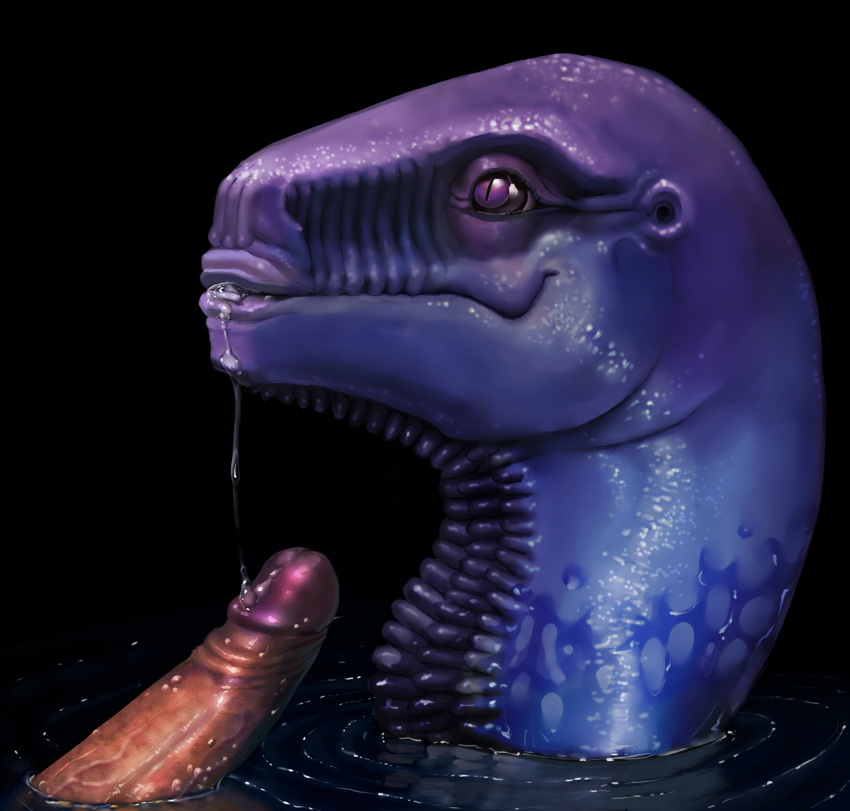 2016 after_sex alien ambiguous_gender bald black_background bodily_fluids digital_media_(artwork) duo erection hi_res human humanoid_penis male male/ambiguous mammal meandraco penis purple_body purple_eyes purple_skin saliva simple_background slit_pupils solo_focus water wet