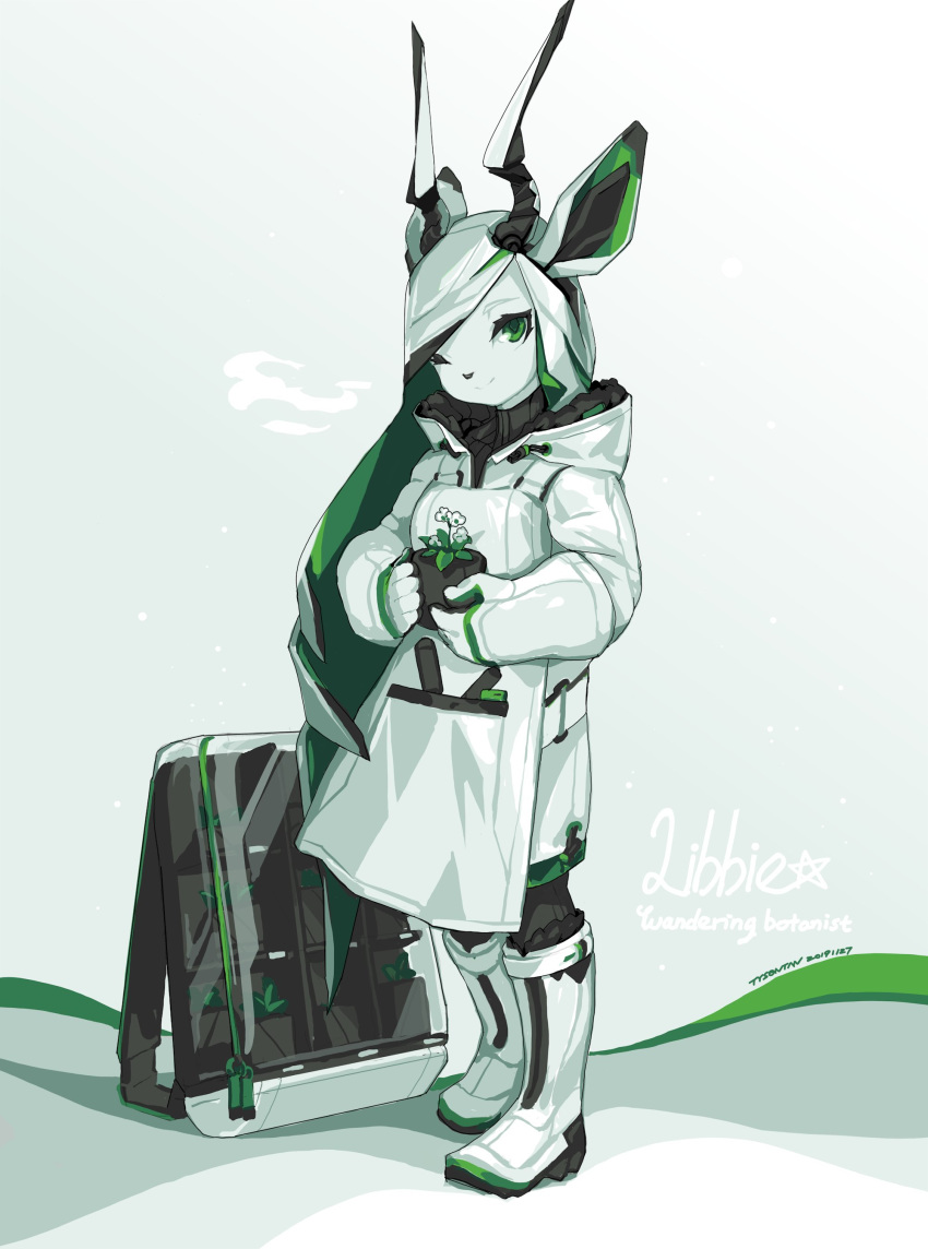 2019 absurd_res antelope anthro boots bovid clothed clothing female footwear grazing_antelope hi_res libbie looking_at_viewer mammal oryx plant potted_plant signature simple_background solo text tysontan