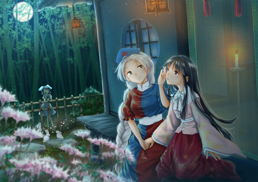 3girls :o animal_ears bamboo bamboo_forest black_hair blouse blurry blurry_foreground bow bowtie braided_ponytail brown_eyes bunny bunny_ears candle candlestand ceiling_light commentary_request depth_of_field dress eientei elbow_rest expressionless fence flower forest full_moon hand_on_another's_cheek hand_on_another's_face hand_on_lap hat head_tilt highres holding_hands houraisan_kaguya inaba_tewi leaf_print light_particles long_hair long_sleeves looking_at_viewer looking_up moon multiple_girls nature night nurse_cap outdoors pink_blouse pink_dress pink_flower puffy_short_sleeves puffy_sleeves red_skirt round_window short_hair short_sleeves silver_hair skirt sleeves_past_wrists smile stepping_stones touhou two-tone_dress veranda very_long_hair white_neckwear wooden_fence yagokoro_eirin yellow_eyes yukanomokume |_|