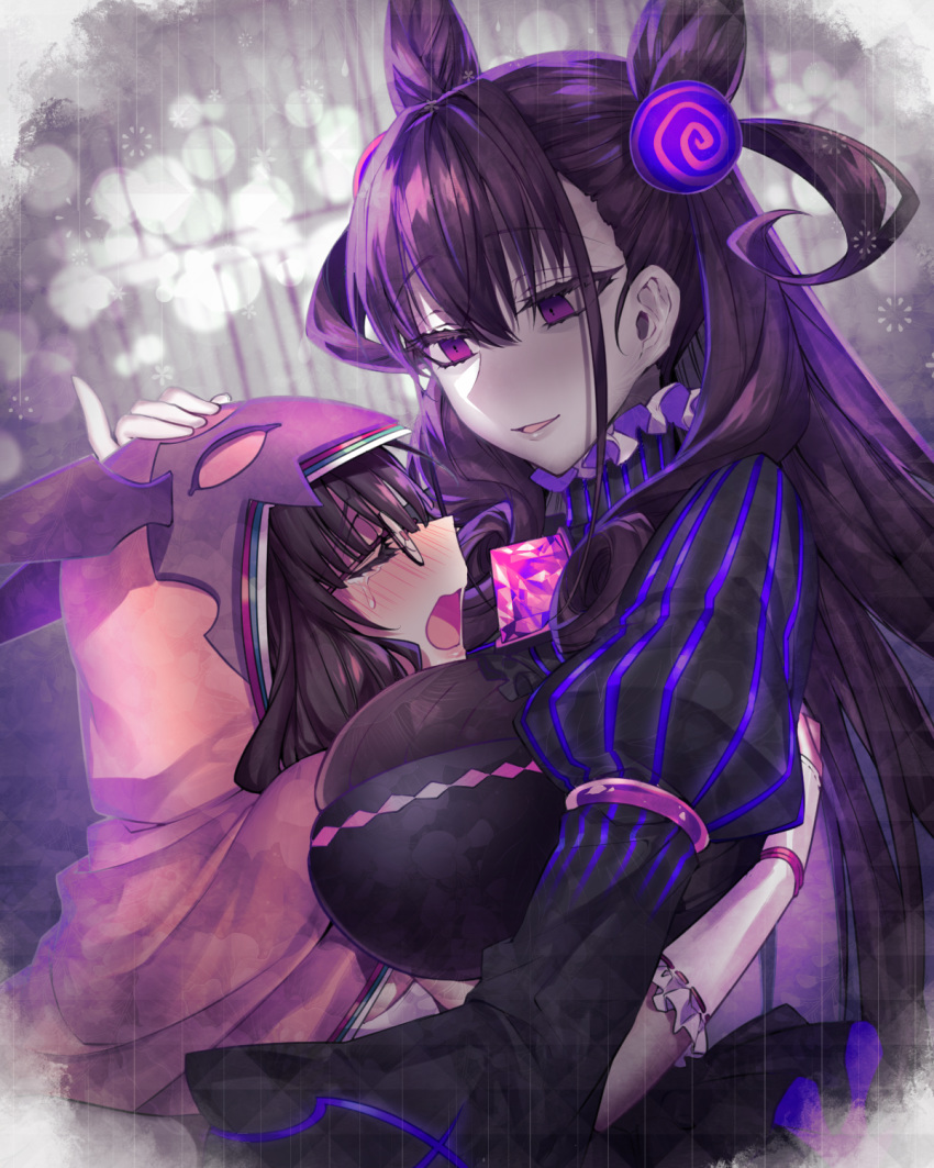 2girls black_dress black_hair blush cloak closed_eyes crying double_bun dress fate/grand_order fate_(series) flower gem glasses highres hikikomori hood hoodie hug juliet_sleeves long_hair long_sleeves multiple_girls murasaki_shikibu_(fate) naganegi open_mouth osakabe-hime_(fate/grand_order) pink_cloak puff_and_slash_sleeves puffy_sleeves purple_eyes purple_skirt skirt sleeves_past_wrists streaming_tears tears twintails two_side_up very_long_hair wavy_mouth wisteria