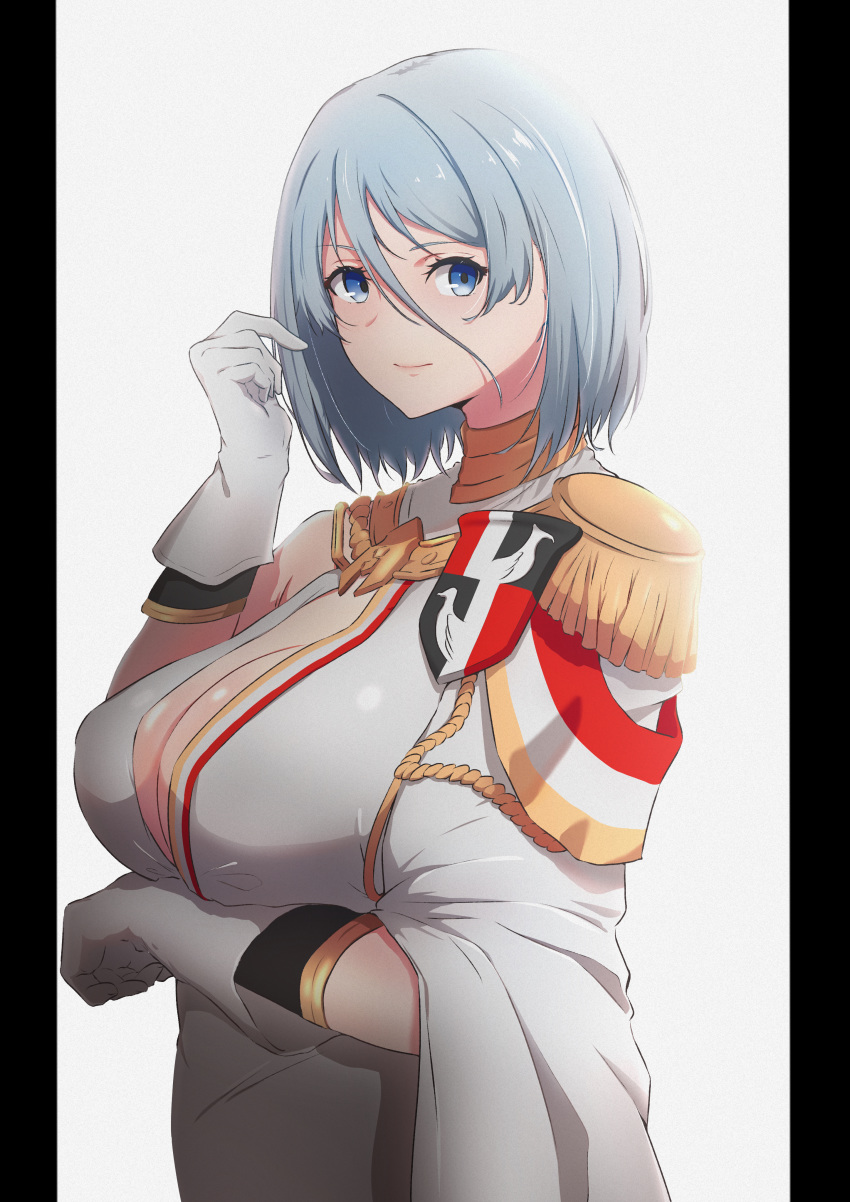 1girl absurdres ameneshi arm_under_breasts azur_lane bangs blue_eyes breasts cleavage closed_mouth commentary_request epaulettes from_side gloves hair_between_eyes highres large_breasts looking_at_viewer military military_uniform short_hair silver_hair smile tirpitz_(azur_lane) tirpitz_(iron_blood_snowstorm)_(azur_lane) uniform white_gloves