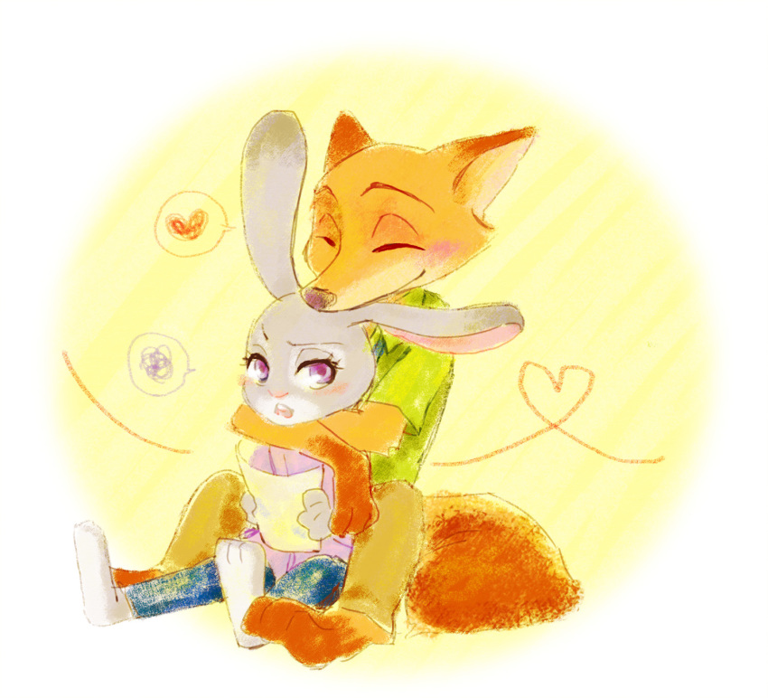 &lt;3 ambiguous_gender anthro barefoot blush bottomwear canid canine clothed clothing disney duo eyes_closed fox fully_clothed fur gloves_(marking) grey_body grey_fur hi_res holding_object hug hugging_from_behind judy_hopps lagomorph leg_markings leporid mammal markings nick_wilde open_mouth pants purple_eyes rabbit red_fox shirt simple_background sitting smile socks_(marking) tomatoztp topwear yellow_background zootopia