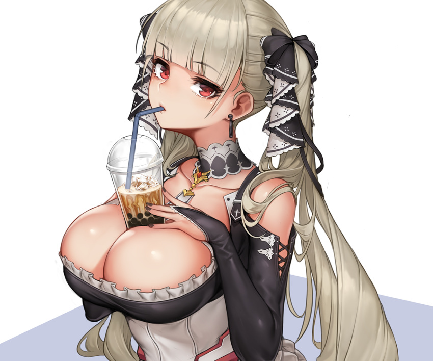 anthropomorphism azur_lane breasts cleavage cropped drink elbow_gloves formidable_(azur_lane) gloves goth-loli gray_hair lolita_fashion long_hair red_eyes twintails vana