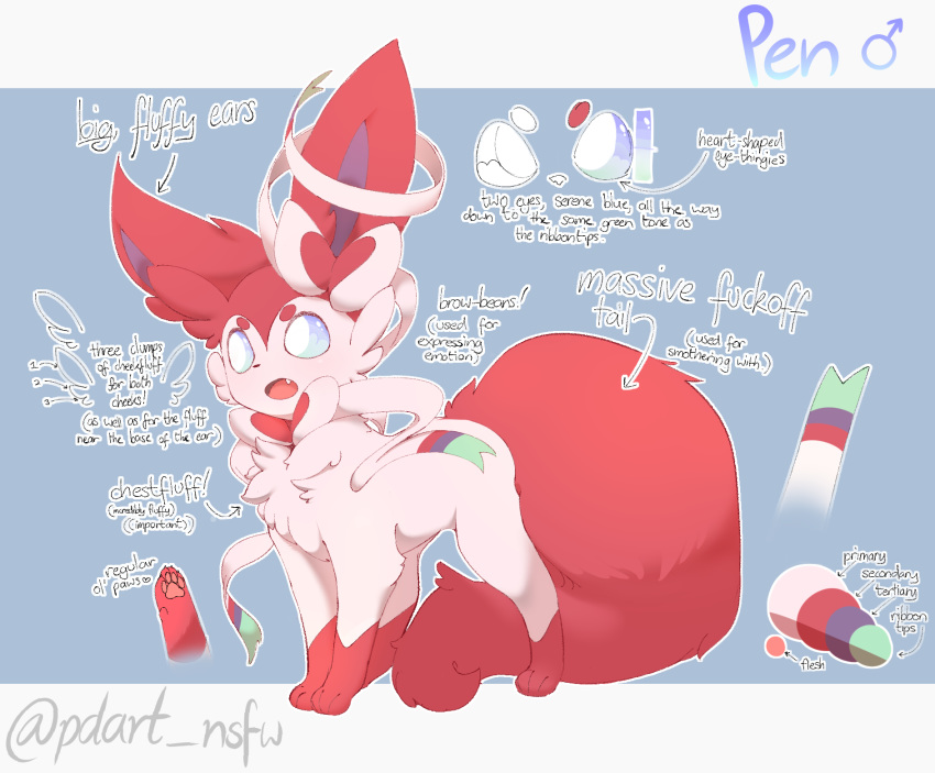 big_tail blue_sclera bow cute_fangs digitigrade eeveelution english_text fan_character feral fur green_sclera hi_res male model_sheet nintendo open_mouth pawpads pdart pen_(pd) pok&eacute;mon pok&eacute;mon_(species) red_body red_fur ribbons simple_background solo sylveon text tongue video_games white_body white_eyes white_fur