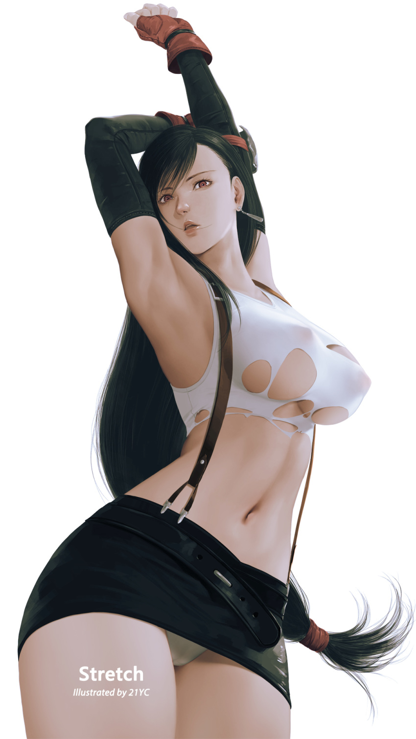 1girl 21yc_(september_breeze) armpits bangs bare_shoulders black_hair black_skirt breasts brown_eyes covered_nipples earrings elbow_gloves elbow_pads final_fantasy final_fantasy_vii final_fantasy_vii_remake fingerless_gloves gauntlets gloves highres jewelry large_breasts long_hair looking_at_viewer navel panties skirt solo suspenders tank_top tifa_lockhart torn_clothes underwear very_long_hair white_panties