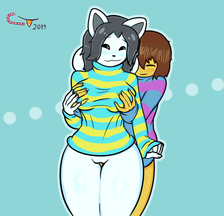 aged_up anthro anthrofied bottomless brown_hair candy_tooth(artist) clothed clothing dark_skin eyes_closed female fur grey_hair hair hi_res human male male/female mammal protagonist_(undertale) tem temmie_(undertale) undertale video_games white_body white_fur