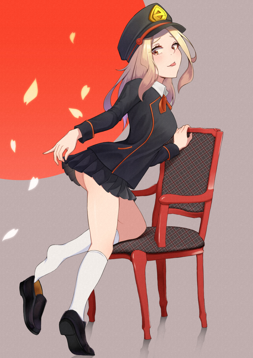 1girl absurdres ass black_footwear blonde_hair boku_no_hero_academia breasts chair commentary_request hat highres kneehighs kneeling large_breasts looking_at_viewer makasamalove peaked_cap pleated_skirt red_ribbon ribbon school_uniform shoe_removed shoes skirt solo tongue tongue_out utsushimi_kemii white_legwear