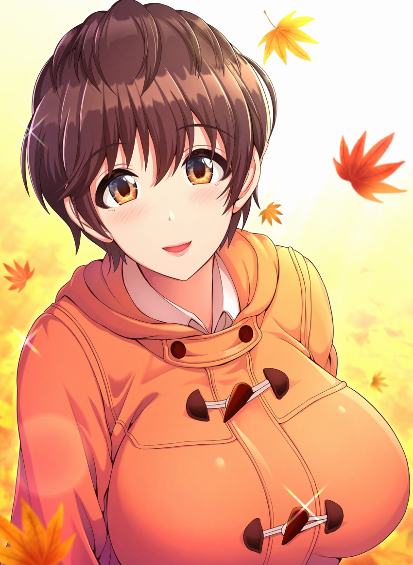 1girl autumn autumn_leaves bangs blush breasts brown_eyes brown_hair commentary_request duffel_coat eyebrows_visible_through_hair falling_leaves fringe_trim glint hair_between_eyes highres hood hoodie huge_breasts idolmaster idolmaster_cinderella_girls jacket leaf lens_flare light_rays looking_at_viewer looking_up oikawa_shizuku open_mouth orange_background orange_jacket reflective_eyes shirt_under_jacket short_hair smile solo sunbeam sunlight umasan upper_body