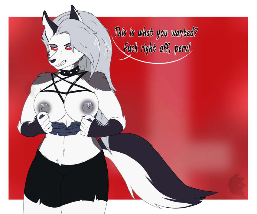 2019 anthro bottomwear breasts canid canid_demon canine canis clothing collar demon ear_piercing female fur gloves grey_hair grinn3r hair handwear hellhound helluva_boss hi_res looking_at_viewer loona_(vivzmind) mammal midriff nipples pants piercing red_eyes solo spiked_collar spikes text white_body white_fur wolf