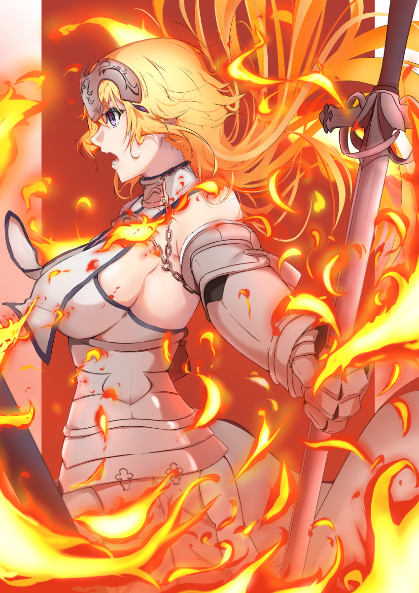 1girl absurdres ameneshi armor armored_dress bangs bare_shoulders blonde_hair breasts chain fate/apocrypha fate/grand_order fate_(series) faulds fire flag from_side gauntlets headpiece highres holding holding_flag jeanne_d'arc_(fate) jeanne_d'arc_(fate)_(all) large_breasts long_hair open_mouth plackart purple_eyes sideboob standard_bearer