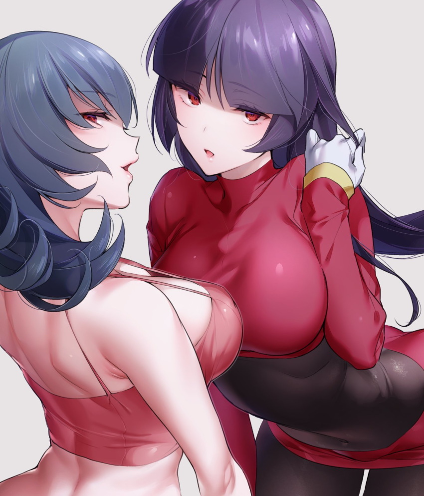 2girls blue_hair bodysuit bodysuit_under_clothes breasts cropped_jacket dual_persona eyebrows_visible_through_hair gloves gym_leader highres hizuki_akira jacket large_breasts looking_at_viewer multiple_girls natsume_(pokemon) over_shoulder pokemon pokemon_(game) pokemon_frlg pokemon_hgss purple_hair red_eyes red_jacket simple_background skin_tight tank_top white_gloves