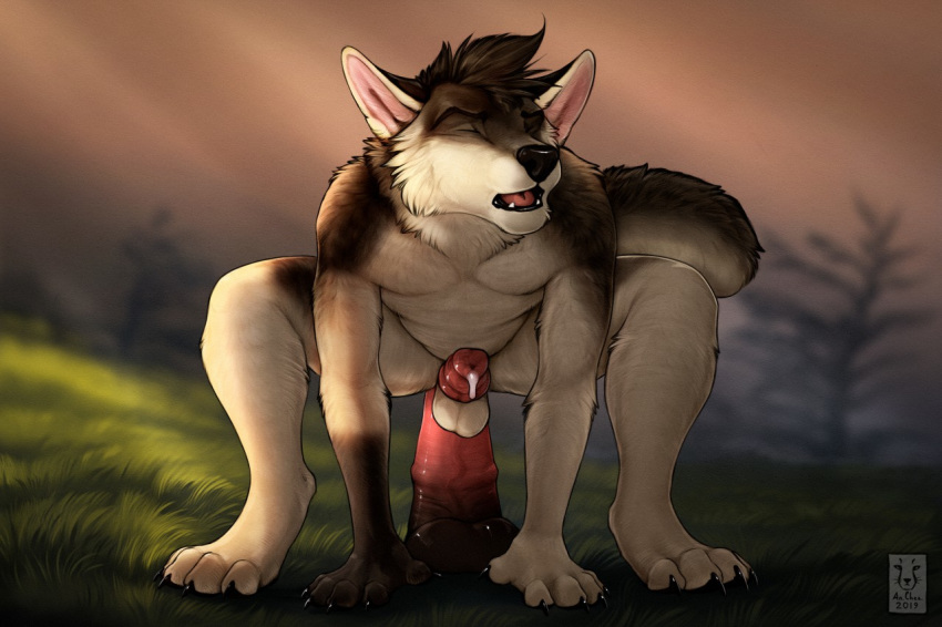 2019 4_toes 5_fingers anchee anthro black_body black_fur canid canine canis day detailed_background digital_media_(artwork) dildo dildo_sitting fingers fur grass grey_body grey_fur male mammal open_mouth outside penetration sex_toy sky solo teeth toes tongue white_body white_fur wolf