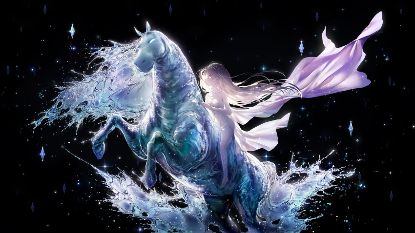 1girl animal backlighting barefoot breasts cleavage collarbone commentary_request crystal dark_background dress elsa_(frozen) english_commentary expressionless floating_hair frozen_(disney) frozen_ii_(disney) highres horse horseback_riding lengchan_(fu626878068) light_particles liquid_hair long_dress long_hair looking_up no_mouth profile riding shiny shiny_hair simple_background small_breasts solo sparkle sparkle_background strapless strapless_dress the_nokk_(frozen) water water_drop white_dress white_hair wide_shot