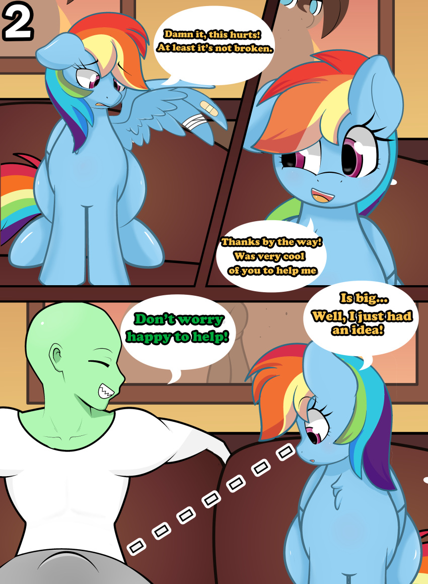 absurd_res anon bulge comic equid equine female feral friendship_is_magic hi_res human male mammal my_little_pony pterippus rainbow_dash_(mlp) ribiruby wings wounded