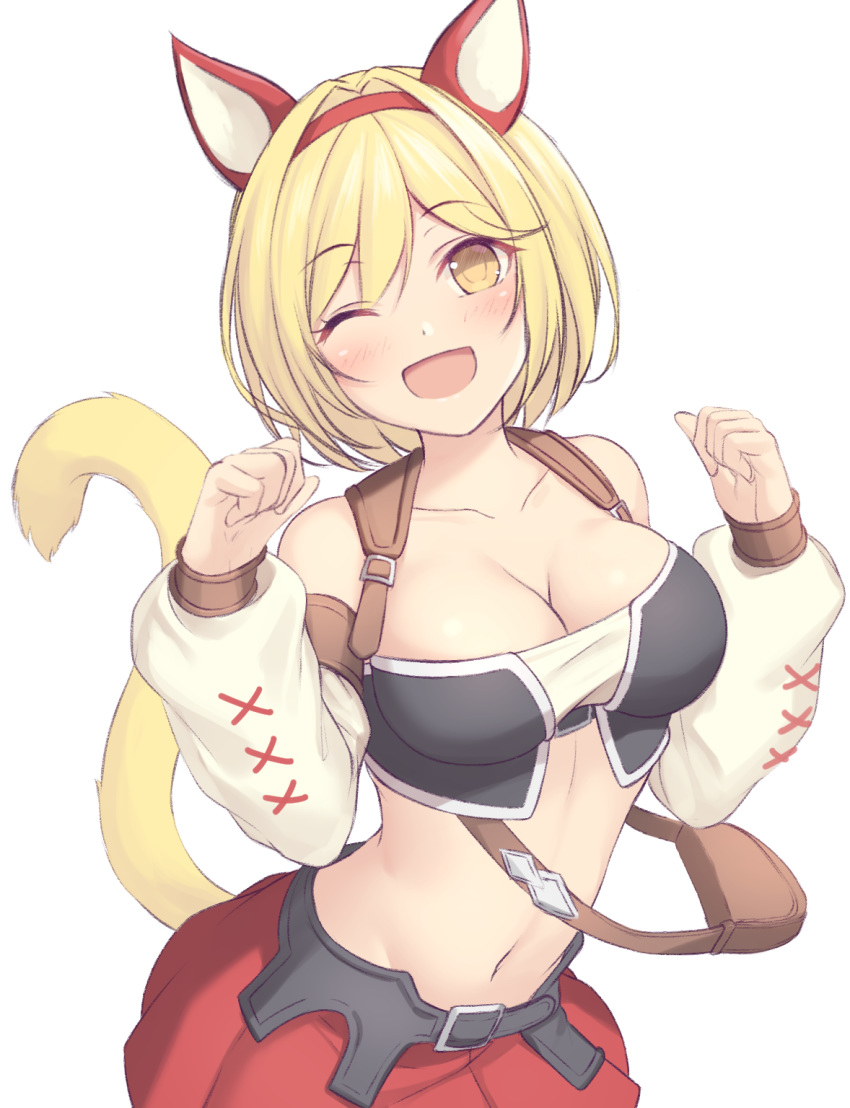 1girl ;d animal_ears bag bare_shoulders blonde_hair breasts cat_ears cat_girl cat_tail cleavage collarbone crop_top detached_sleeves djeeta_(granblue_fantasy) final_fantasy final_fantasy_xiv granblue_fantasy hairband hands_up highres large_breasts long_sleeves looking_at_viewer midriff miqo'te mutsuba_fumi navel one_eye_closed open_mouth puffy_sleeves red_skirt short_hair shoulder_bag simple_background skirt smile solo stomach tail tail_raised upper_body white_background yellow_eyes