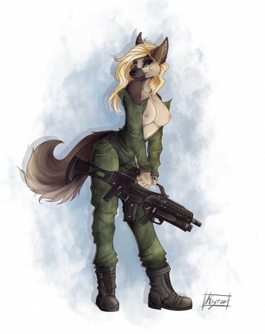 anthro blonde_hair breasts canid canine canis clothed clothing digital_media_(artwork) domestic_dog female fingers flashing fully_clothed g36 german german_shepherd glowing glowing_eyes hair herding_dog heterochromia hi_res holding_object holding_weapon invalid_tag kizrae looking_at_viewer mammal natasha_klopov nipples pastoral_dog ranged_weapon shepherd simple_background smile solo top uniform uniformed weapon