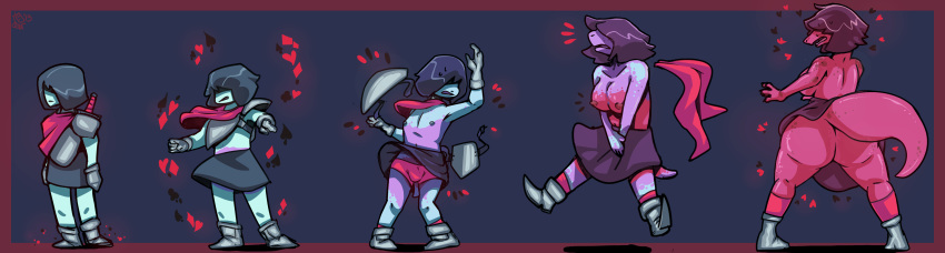 2019 absurd_res anthro areola armor big_breasts big_butt blush boots bottomwear breast_growth breasts bulge butt clothed clothing deltarune digital_media_(artwork) female footwear gender_transformation hair hi_res huge_butt human human_to_anthro kris_(deltarune) male mammal mtf_transformation nipples no_underwear reptile scalie sequence simple_background skirt solo species_transformation standing tgdeer thick_thighs topless topwear transformation underwear upskirt video_games wardrobe_malfunction