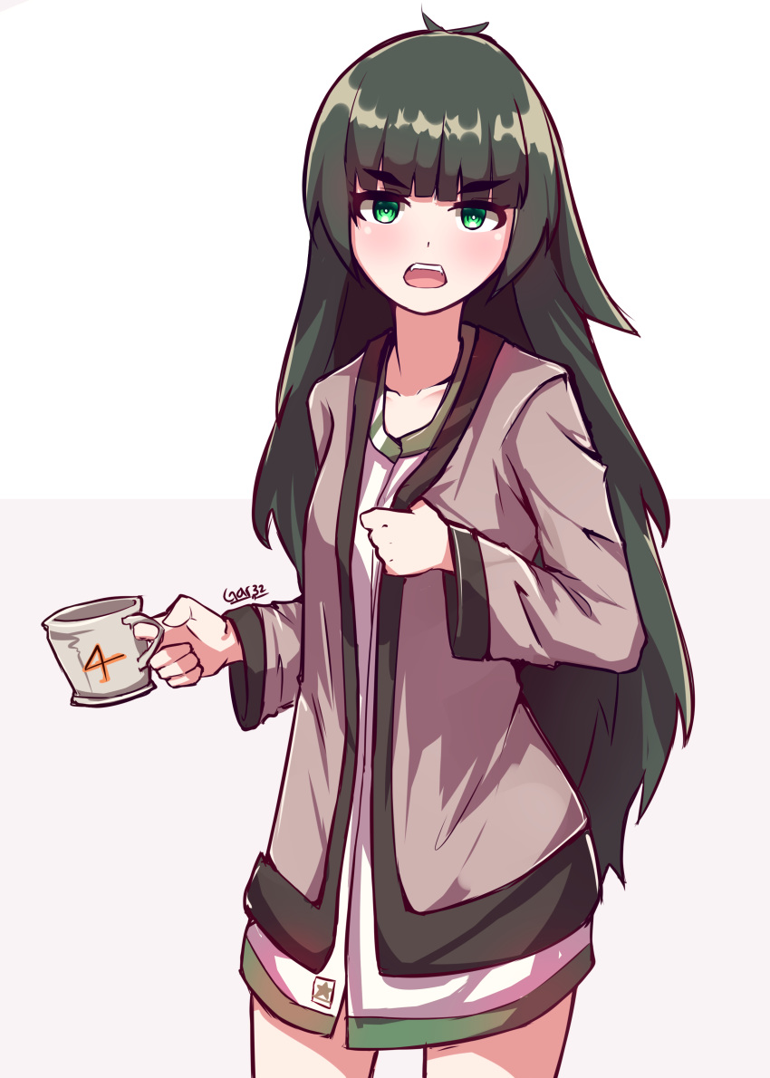 1girl absurdres artist_name bangs blunt_bangs blush coat collarbone cup eyebrows_visible_through_hair green_eyes grey_hair highres hiyajou_maho holding holding_cup long_hair long_sleeves looking_at_viewer messy_hair open_mouth simple_background solo standing star steins;gate steins;gate_0 tegar32 thick_eyebrows very_long_hair white_background