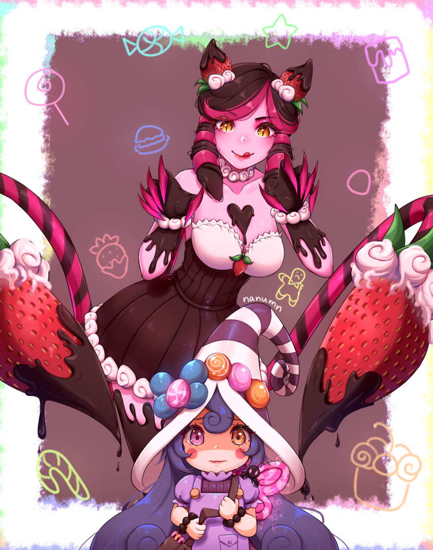 1girl 2girls bag black_dress blush_stickers breasts brown_eyes brown_hair candy chocolate claws collarbone commentary dress evelynn food fruit hair_ornament hat heterochromia highres holding large_breasts league_of_legends long_hair looking_at_viewer lulu_(league_of_legends) multiple_girls nanumn pink_hair purple_eyes purple_headwear sleeveless sleeveless_dress smile strapless strapless_dress strawberry tongue tongue_out wavy_mouth white_headwear yellow_eyes