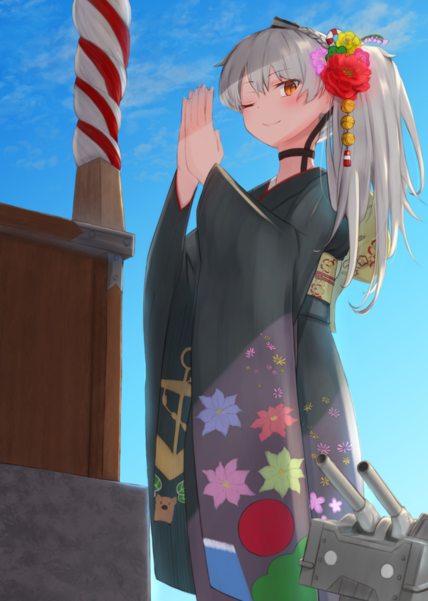 1girl ;) alternate_costume amatsukaze_(kantai_collection) black_kimono blue_sky brown_eyes floral_print from_below furisode hands_together hatsumoude highres japanese_clothes kamome_donburi kantai_collection kimono long_hair looking_at_viewer one_eye_closed rensouhou-kun silver_hair sky smile two_side_up