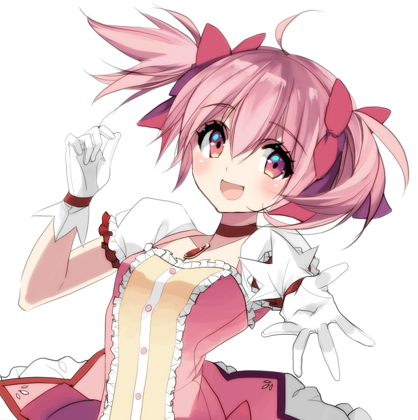 1girl :d absurdres blush breasts choker collarbone eyebrows_visible_through_hair eyelashes floating_hair frilled_sleeves frills gloves hair_between_eyes hair_ribbon hand_up happy highres kaname_madoka looking_away mahou_shoujo_madoka_magica misteor open_mouth outstretched_hand pink_eyes pink_hair pink_ribbon pink_theme puffy_short_sleeves puffy_sleeves reaching_out red_choker red_neckwear ribbon shiny shiny_skin short_sleeves short_twintails sidelocks simple_background small_breasts smile solo soul_gem twintails upper_body white_background white_gloves