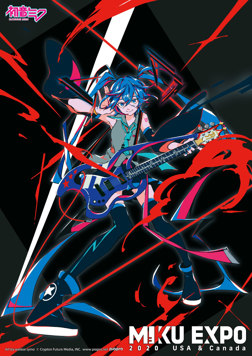 1girl 2020 absurdres aqua_neckwear bare_shoulders black_background black_legwear black_skirt black_sleeves blue_eyes blue_hair blue_nails boots character_name commentary crypton_future_media detached_sleeves electric_guitar english_commentary full_body grey_shirt guitar hand_on_ear hatsune_miku hatsune_miku_expo highres holding holding_instrument instrument knees_together_feet_apart long_hair looking_at_viewer nail_polish necktie non7 official_art piapro shirt shoulder_tattoo skirt sleeveless sleeveless_shirt smile solo standing star star_print tattoo thigh_boots thighhighs twintails very_long_hair vocaloid zettai_ryouiki