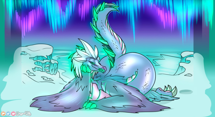 2019 aurora_borealis auroth_the_winter_wyvern bedroom_eyes butt claws detailed_background digital_media_(artwork) dota dragon female feral hair hi_res ice looking_at_viewer narrowed_eyes night outside scales scalie seductive smile solo thick_thighs video_games wide_hips wingedwilly wings wyvern