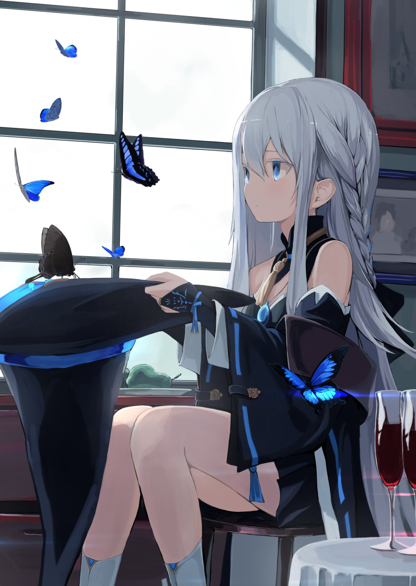 1girl absurdres bare_shoulders black_butterfly black_dress blue_butterfly blue_eyes breasts bug butterfly character_request cleavage copyright_request detached_sleeves dress grey_hair hair_between_eyes hat highres holding holding_hat insect kneehighs long_hair mikisai sitting small_breasts solo witch_hat
