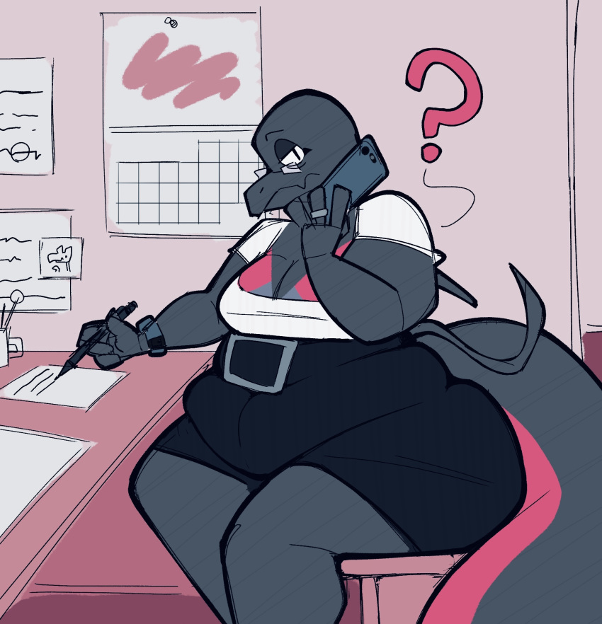 2019 4_fingers ? aimbot-jones alternate_version_at_source anthro belly bottomwear breasts cellphone cleavage clock clothed clothing desk eyelashes eyewear female fingers furniture glasses half-closed_eyes hi_res holding_object inside looking_at_viewer narrowed_eyes nintendo non-mammal_breasts office overweight overweight_female phone pok&eacute;mon pok&eacute;mon_(species) reptile ring salazzle scalie shirt sitting skirt solo thick_tail thick_thighs topwear video_games watch wide_hips