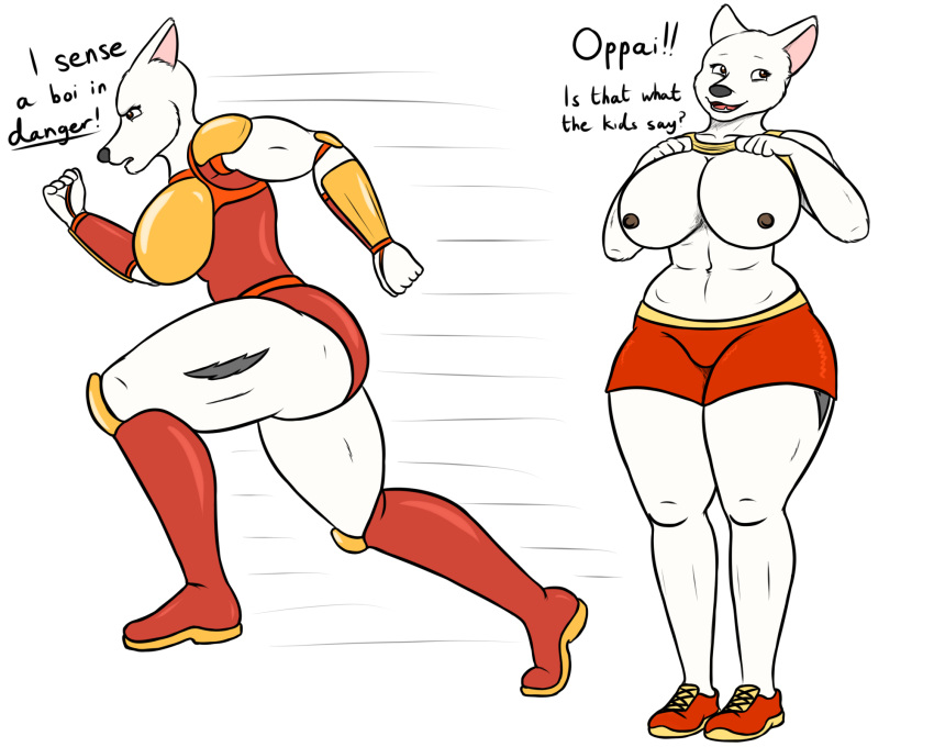 5:4 abs anthro anthrofied armor big_breasts bolt bolt_(film) bottomwear breasts canid canine canis clothing crossgender disney domestic_dog female hi_res invalid_tag mammal nipples oystercatcher7 shorts simple_background superhero thick_thighs white_background