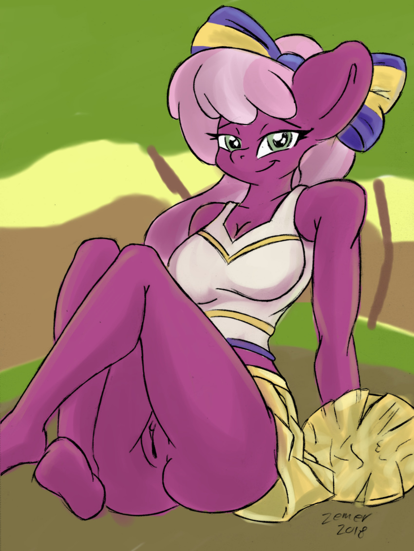 anthro big_breasts breasts cheerilee_(mlp) cheerleader cleavage clothed clothing equid equine female friendship_is_magic hi_res mammal my_little_pony no_underwear pom_poms pussy zemer