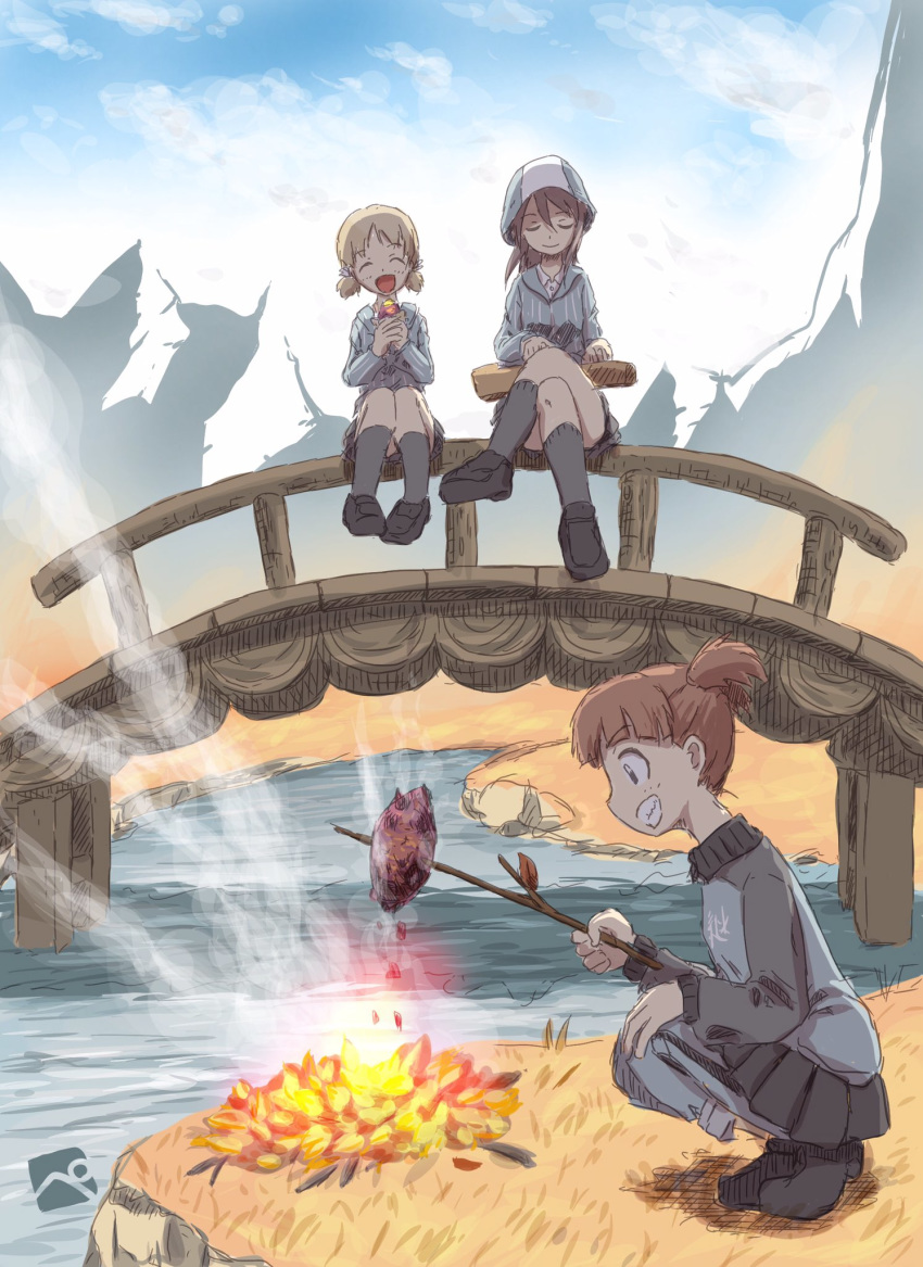 3girls :d aki_(girls_und_panzer) ankle_boots artist_logo bangs blue_footwear blue_headwear blue_jacket blue_pants blue_shirt blue_skirt blue_sky boots bridge brown_hair closed_eyes cloud cloudy_sky commentary cooking crossed_legs cup day dress_shirt eyebrows_visible_through_hair facing_viewer fire fish girls_und_panzer grey_legwear grey_skirt grin hair_tie hand_on_own_knee hat highres holding holding_cup holding_instrument holding_stick instrument jacket kainushi kantele keizoku_school_uniform light_brown_hair loafers long_hair long_sleeves mika_(girls_und_panzer) mikko_(girls_und_panzer) military military_uniform miniskirt multiple_girls music open_mouth outdoors pants pants_rolled_up pants_under_skirt playing_instrument pleated_skirt raglan_sleeves red_eyes red_hair school_uniform shadow shirt shoes short_hair short_twintails sitting skirt sky smile smoke socks squatting stream striped striped_shirt track_jacket track_pants twintails uniform vertical-striped_shirt vertical_stripes white_shirt wooden_bridge