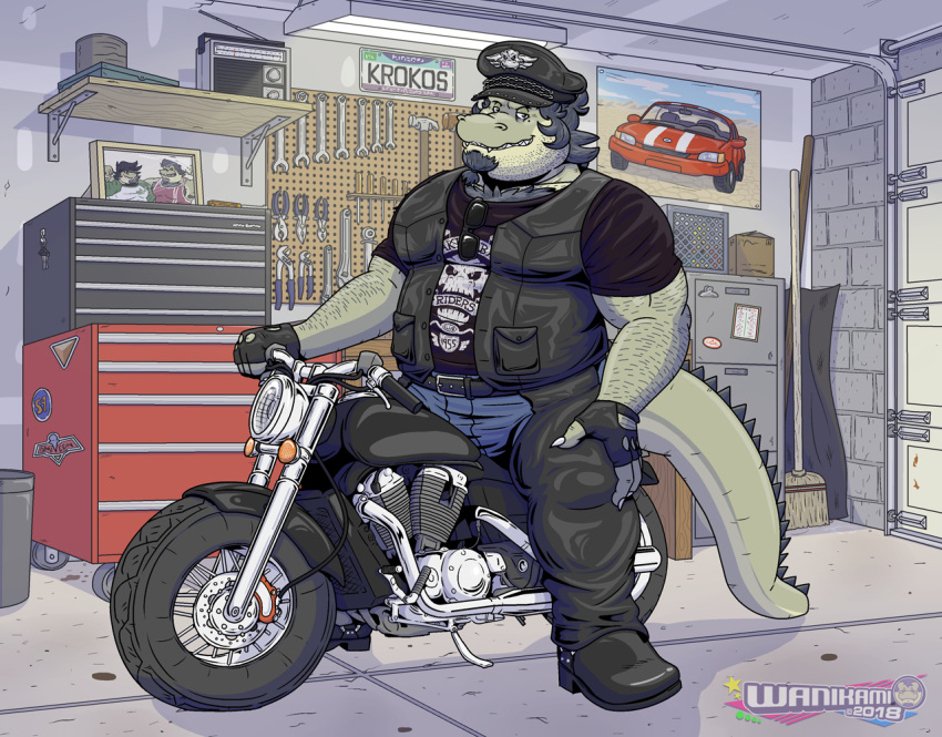 anthro arsinoe bike_(disambiguation) biker car crocodilian facial_hair garage goatee hairy looking_at_viewer male motorcycle muscular picture_frame radio reptile scalie smile smirk solo vehicle wanikami