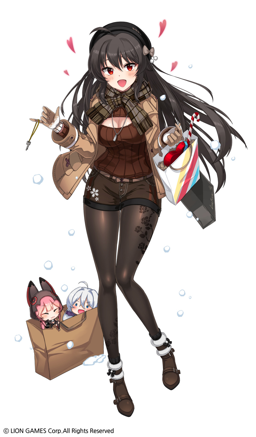1girl :d absurdres ahoge alternate_costume bag bangs belt beret black_hair black_headwear blush boots bow breasts brown_coat brown_footwear brown_legwear brown_scarf brown_shorts brown_sweater buckle character_doll cleavage cleavage_cutout coat eyebrows_visible_through_hair fur-trimmed_boots fur_trim hair_between_eyes hat hat_bow heart high_heel_boots high_heels highres holding holding_bag holding_key iris_yuma kyjsogom large_breasts long_hair looking_at_viewer open_clothes open_coat open_mouth red_eyes scarf shopping_bag shorts smile snow snowing solo soul_worker sweater turtleneck turtleneck_sweater very_long_hair