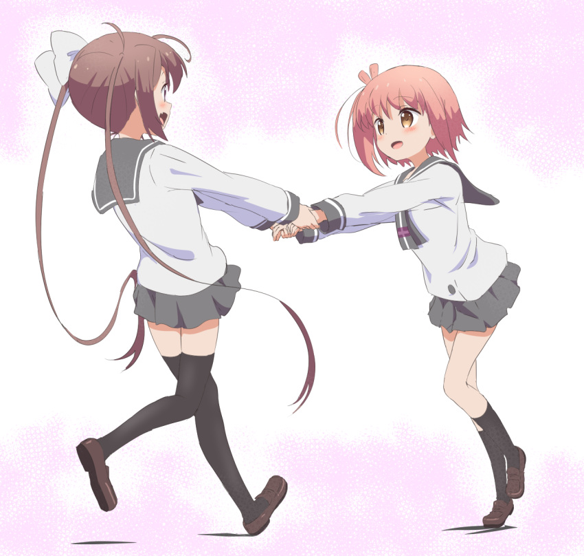 2girls :d bangs black_legwear blush bow brown_eyes brown_footwear brown_hair commentary_request eye_contact eyebrows_visible_through_hair fang grey_neckwear grey_sailor_collar grey_skirt hair_bow highres holding_hands ichinose_hana loafers long_sleeves looking_at_another momochi_tamate multiple_girls open_mouth outstretched_arms pleated_skirt profile sailor_collar school_uniform serafuku shirt shoes skirt slow_start smile socks standing standing_on_one_leg thighhighs trg-_(sain) twintails white_bow white_shirt