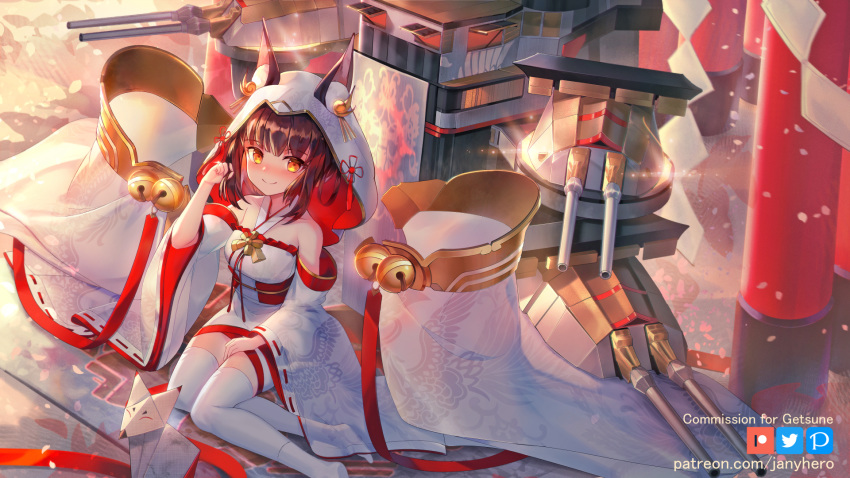 1girl animal_ear_fluff animal_ears azur_lane bare_shoulders bell black_hair blush cannon closed_mouth commentary commission detached_sleeves ears_through_headwear english_commentary fox_ears hand_up highres hood hood_up janyhero jingle_bell long_sleeves looking_at_viewer machinery nagato_(azur_lane) no_shoes obi red_eyes sash short_hair sitting smile solo thighhighs torii turret watermark web_address white_legwear white_sleeves wide_sleeves yokozuwari