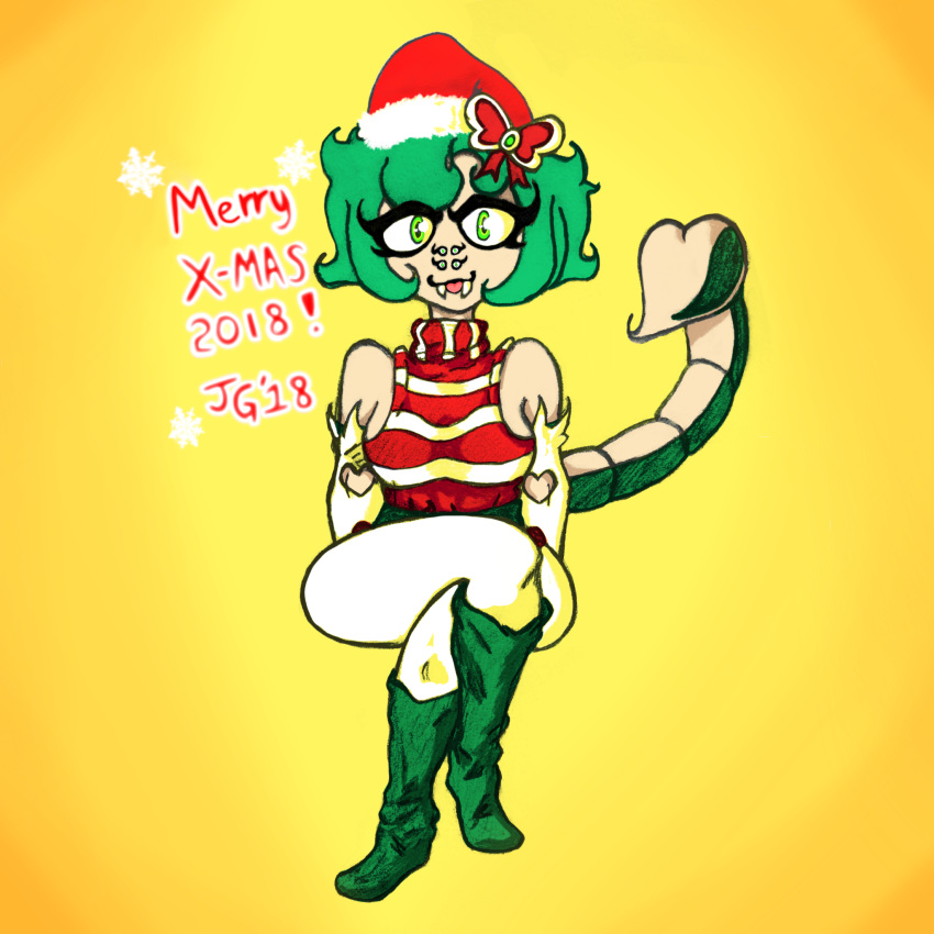 &lt;3 1:1 2018 accessory animal_humanoid arachnid arachnid_humanoid arthropod arthropod_humanoid belt boots bow chelicerae christmas clothed clothing crossed_legs curvaceous curvy_figure digital_media_(artwork) dress faded fan_character female festive footwear gloves green_eyes green_hair hair handwear hat headgear headwear hi_res holidays humanoid jgdraws_(artist) leg_warmers leggings legwear looking_at_viewer lussi_vyes multi_eye pattern santa_hat scorpion_humanoid scorpion_tail short_stack sleeveless_dress smile solo stripes thick_thighs voluptuous