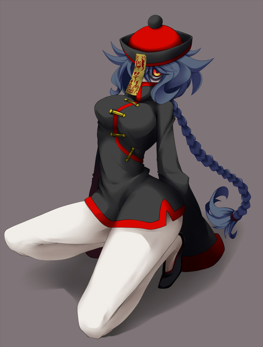 1girl bags_under_eyes black_footwear blue_hair braid chinese_clothes grey_background haiiro_gundan hair_between_eyes hat highres jiangshi long_hair monster_girl orange_eyes original red_headwear simple_background sleeves_past_wrists solo talisman