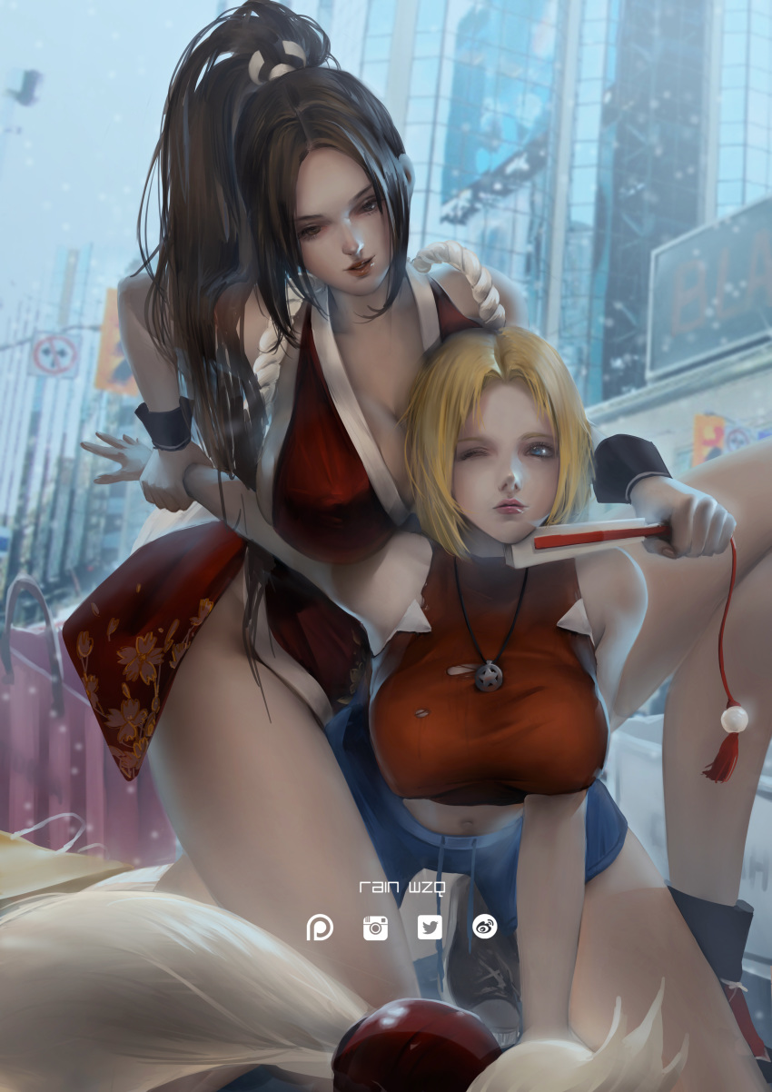 2girls absurdres bare_shoulders blonde_hair blue_eyes blue_mary breasts brown_eyes brown_hair building city cleavage closed_fan commentary_request covered_nipples crop_top fan fatal_fury folding_fan high_ponytail highres holding_another's_arm jewelry kneeling large_breasts multiple_girls necklace ninja one_eye_closed outdoors parted_lips pelvic_curtain ponytail rain_wzq red_lips restrained revealing_clothes road_sign rope shiranui_mai shirt short_shorts shorts sign skyscraper sleeveless sleeveless_shirt snk straight_hair the_king_of_fighters thighs torn_clothes torn_shirt wrist_cuffs