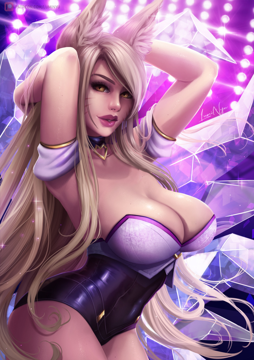 abs absurd_res ahri_(lol) alternate_version_at_source animal_humanoid big_breasts blonde_hair breasts canid canid_humanoid canine canine_humanoid cleavage clothed clothing collar curvy_figure female fox_humanoid hair hi_res humanoid league_of_legends long_hair looking_at_viewer luminyu mammal mammal_humanoid raised_arm riot_games solo video_games voluptuous wide_hips yellow_eyes